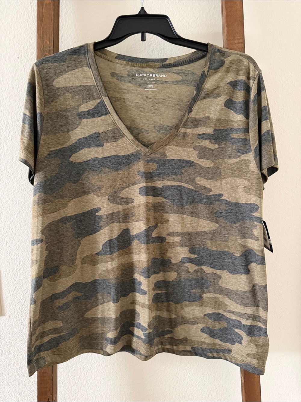 Lucky Brand Women's V-Neck Camo Tee in Olive and Gray